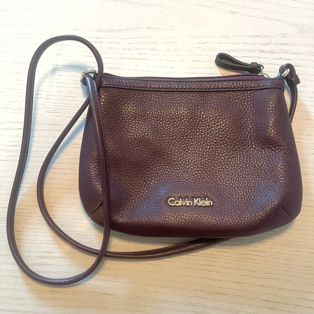 Calvin Klein Burgundy Pebbled Leather Crossbody Bag